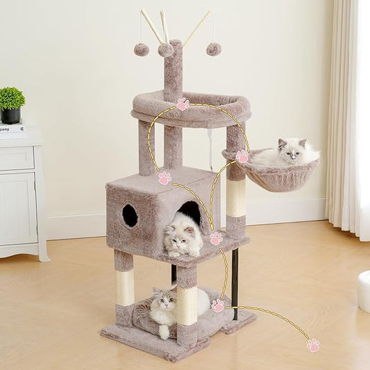 Heybly Cat Tree, 45.3-Inch Cat Tower for Indoor Cats with Large Perch, All-in-One Cat Furniture with Cozy Bed, Hidden Space Cat Condo, Comfy Hammock, Scratching Posts & 3 Pompoms, Muchroom HCT202SMU