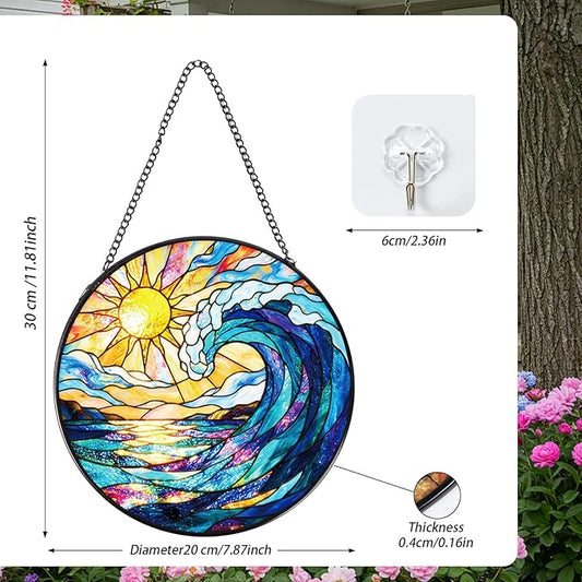 Stained Glass Window Hanging, 7.8″ Sea Sun Catchers with Hook Indoor Window Decor, Decorative Suncatchers Hanging Ornaments Home Garden Art Gift for Housewarming