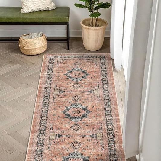Washable 2x6 Hallway Runner Rug: Vintage Water Resistant Kitchen Entryway Rug Ultra Soft Living Room Bedroom Carpet Thin Non Slip Indoor Floor Mat for Bathroom Laundry (2 X 6,Orange)