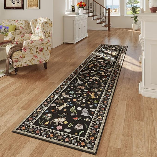 Rugcomf 2'7"x14' Long Hallway Runner Rug - Floral Cat Washable Non Slip Boho Carpet for Kitchen, Entryway, Hall, Bathroom - Black