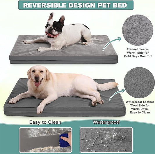 Waterproof XXL Dog Beds Large Sized Dog, Outdoor Washable Crate Pad 48 inch, Jumbo XXLarge Orthopedic Foam Pet Bed with Removable Cover Reversible, Durable Anti-Slip Kennel Pad, 47"x29", Gray