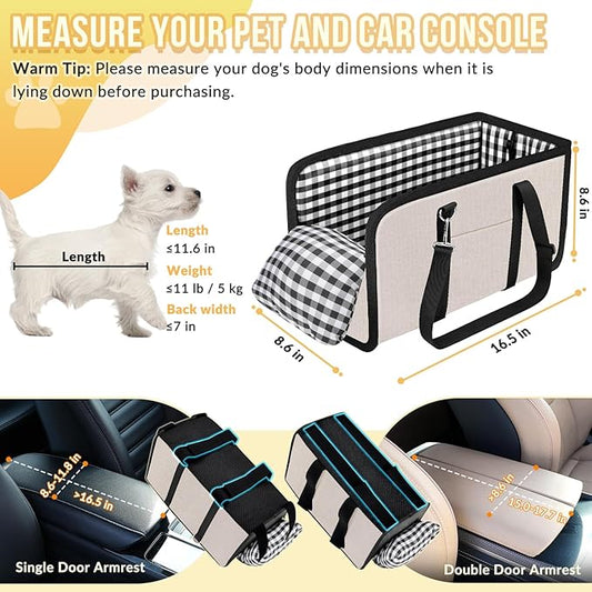 SlowTon Console Dog Car Seat - Portable Dogs Armrest Booster Seat for Small Dog, Anti-Collapse Pet Car Seat with Soft Cushion Safety Belt, Support Pet Up to 11lbs (Beige)