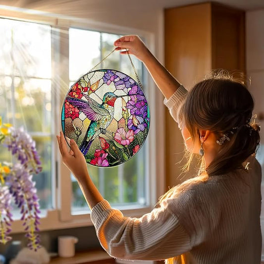 8 Inch Stained Glass Suncatcher Ornament, DOUHASU Hummingbird Sun Catchers Indoor Window, Stained Glass Window Hanging, Home Decor, Hummingbird Lovers Gifts for Women, Mom, Friend