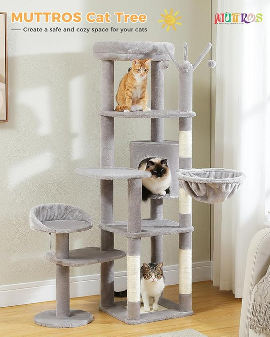 MUTTROS Cat Tree for Large Cats, 59-inch Tall Cat Tower with 3 Removable Pompom Sticks, Condo, Large Hammock, Scratching Post & 2 Perches, Grey