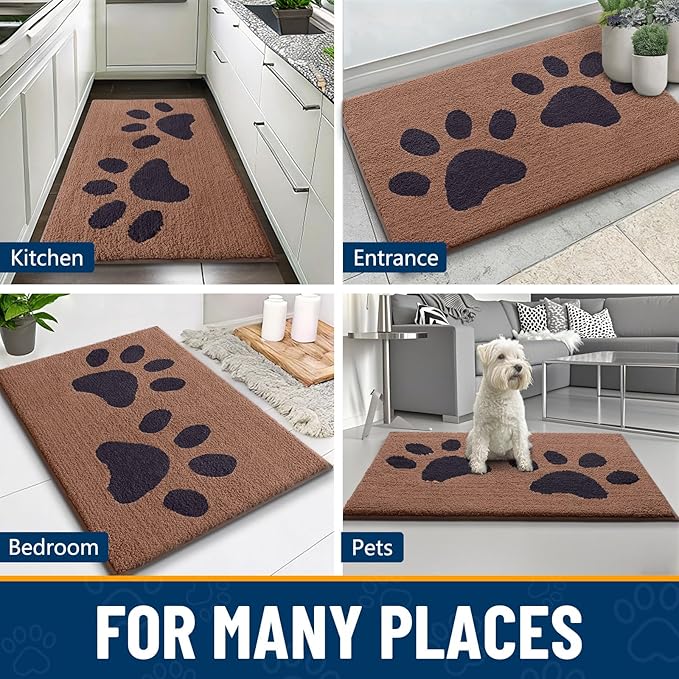 Smiry Dog Door Mat for Muddy Paws, Absorbs Moisture and Dirt, Low-Profile Entryway Mat with Non-Slip Backing, Entry Indoor Outdoor Doormat for Inside Floor (40x32 Inches, Camel and Black, Paw)