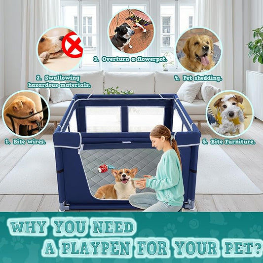 42x42 Inches Puppy Playpen with Dog Pads, Dog Playpen for Puppies or Small Dogs, Pet Playpen for Indoor & Outdoor, Sturdy Safety DogPen with Thickened Fabric, High-Strength Nylon Wire Mesh