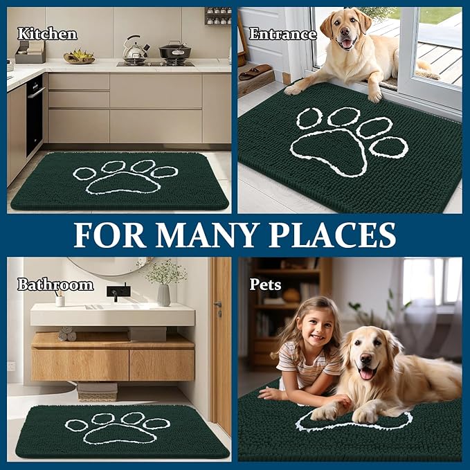 OLANLY Dog Door Mat for Muddy Paws 47x24, Paw Print Design, Absorbs Moisture and Dirt, Absorbent Non-Slip Washable Doormat, Quick Dry Chenille Mud Mat, Entry Indoor Entryway Carpet, Blackish Green