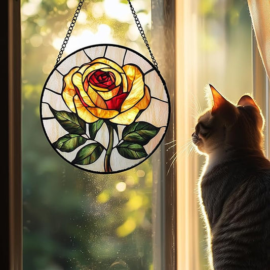 Stained Glass Window Hanging - Elegant Yellow Rose Flower Sun Catcher for Door Garden Home Decor Suncatcher Christmas Mother's Day Birthday Gifts for Women Mom Girl Nana Friend 15 in