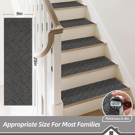 BEQHAUSE Edging Stair Treads for Wooden Steps 9" x 28", Non Slip Carpet Stair Treads Indoor Stair Runners, Soft Stair Rugs, Machine Washable, 100% Polyester, TPE Backing, 4pcs, Charcoal