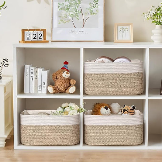 3 Pack Large Storage Basket for Organizing, 17.5"x13"x7" Woven Basket for Shelves, Closet Cube Storage Bins with Wrapped Handle, Cotton Rope Baskets for Kitchen, Clothes, Toys(Off White & Brown)