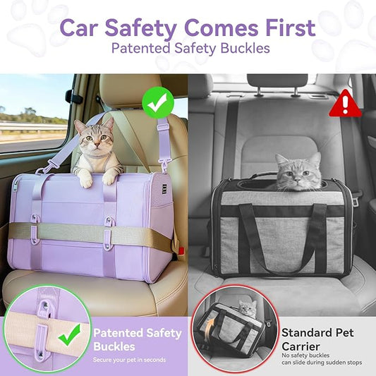 PETSFIT Soft-Sided Cat Carrier with Patented Safety Buckles, Lockable Zippers & Safety Tether,Escape-Resistant Travel Pet Carrier for Car Rides & Vet Visits, Airline Approved Under-Seat, Up to 12 lbs