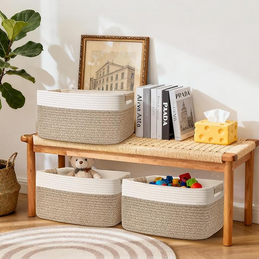 4 Pack Large Storage Basket for Organizing, 17.5"x13"x7" Woven Basket for Shelves, Closet Cube Storage Bins with Wrapped Handle, Cotton Rope Baskets for Kitchen, Clothes, Toys(Off White & Brown)