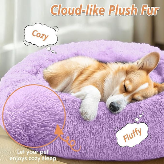 JOLLYVOGUE Calming Dog Beds Large Sized Dog, 36in Donut Washable Large Pet Bed, Anti-Slip & Anti-Anxiety Fluffy Faux Fur Round Dogs Bed, Fits up to 80 lbs Pets (Purple)