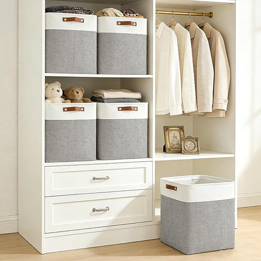 Large Fabric Storage Baskets | 50L Storage Bins, Decorative Linen Closet Baskets with Handles for Organizing, Shelf, Toys, Clothes, Home, Office, Nursery, 17x12x15Inches (Grey&White)