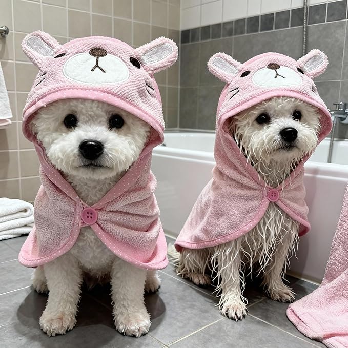 Dog Hooded Bathrobe Towel, Fast Drying Bath Towel Absorbent Warm Blanket Pink L