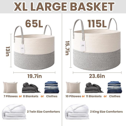 65L Extra Large Blanket Basket for Living Room - Woven Cotton Rope Laundry Hamper with Reinforced Handles - Storage Bin for Pillows, Comforters & Toys - Machine Washable,White&Grey