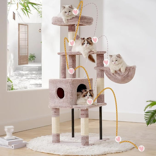 Heybly Cat Tree, 49.2 Inches Cat Tower for Indoor Cats, Spacious Cat House Condo with Hidden Space,Sturdy Steel Tube,Soft Plush Top Perch,Cozy Hammock and Sisal Scratching Posts, Muchroom HCT200SMU