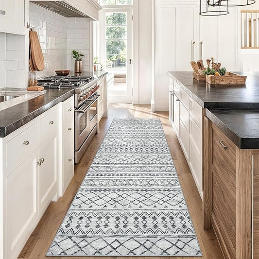 KUTA Boho Runners for Hallways 3x8 Grey Moroccan Washable Runner Rug Non-Slip Vintage Kitchen Rugs Ultra Soft Distressed Geometric Floor Carpet for Bedroom Laundry Living Room