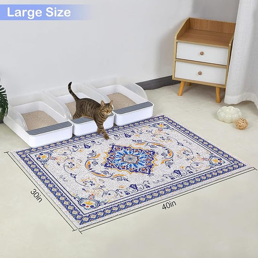 Glittme Cat Litter Mat with Non-Slip Bottom Litter Box Mat 40"x30" Litter Trapping Mat Easy to Clean Washable Cat Food Mat for Kitty,XL