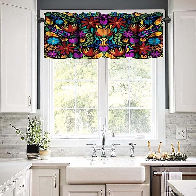 Mexico Valances Curtain for Kitchen, Colorful Mexican Style Flowers Pattern Window Treatment Valances Short Curtains Rod Pocket Drape for Dining Room Home Farmhouse Decor, 54x18inch