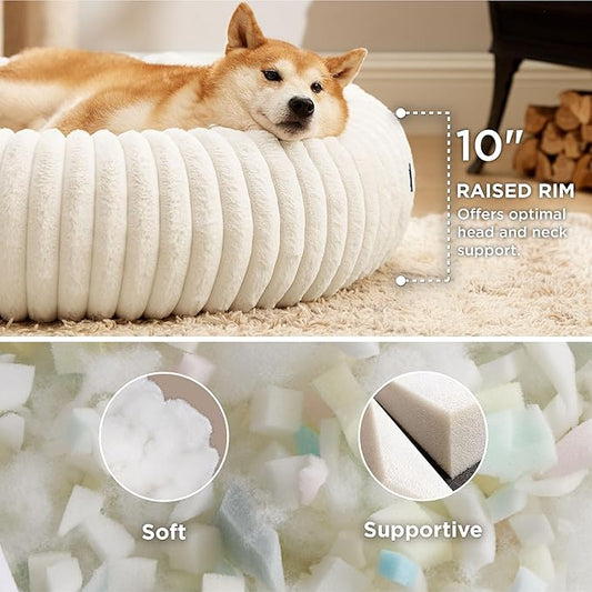 Bedsure ComfyFleece™ Donut Large Dog Bed - Washable Faux Fur with Corduroy Fleece & Anti Slip Bottom, Round Pet Bed with Removable Cover, Cream, 36x36x8 inches