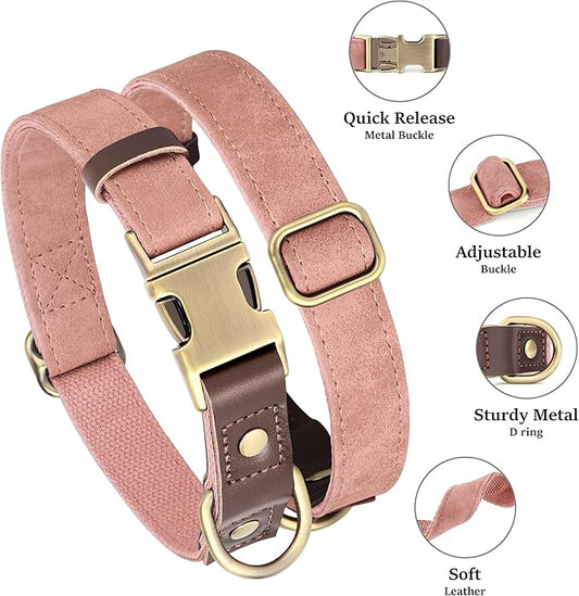 Didog Soft PU Leather Dog Collar for Large Dogs,Classic Adjustable Dog Collars with Quick Release Metal Buckle,Easy Clean and Comfortable with Nylon Lining,Pink,L Neck 16-23"