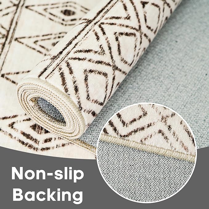 2x5 Rug Runner Boho Geometric: Washable Hallway Moroccan Runners - Non Slip Low Pile Soft Pets Friendly Rugs for Kitchen Bathroom Bedroom Entryway Laundry 2x5 Geo Beige