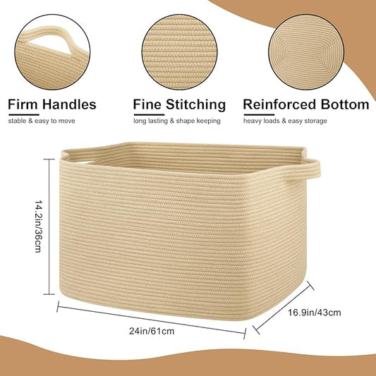 95L Extra Large Blanket Basket, 24" x 16.9" x 14.2" Woven Storage Basket for Living Room, Rectangle Nursery Blanket Storage for Toys, Towels, Dirty Clothes (Jute)