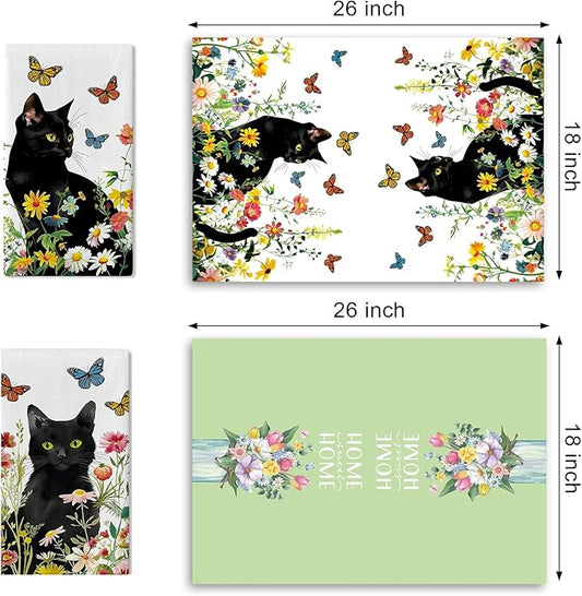 Spring Summer Black Cat Floral Kitchen Dish Towels Set of 2, Daisy Flower Butterfly Drying Hand Towel Baking Cooking Cloth, Wildflower Bathroom Home Decoration Pet Cat Owner Lover Gift 18''x26''
