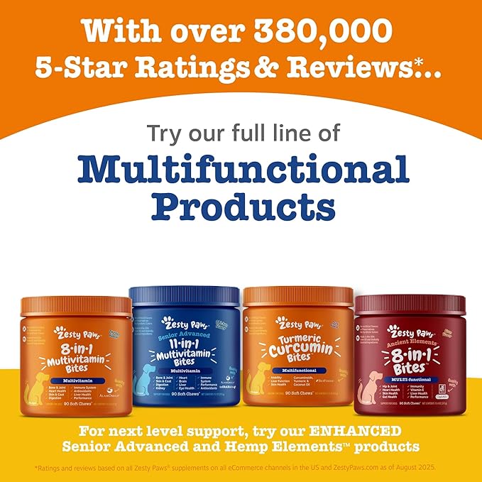 Zesty Paws Senior Dog Multivitamin Treats - Glucosamine for Dogs + Digestive Enzymes & Probiotics - Grain Free Dog Vitamins and Supplements for Skin & Coat + Immune Health Chicken - Advanced - 90ct
