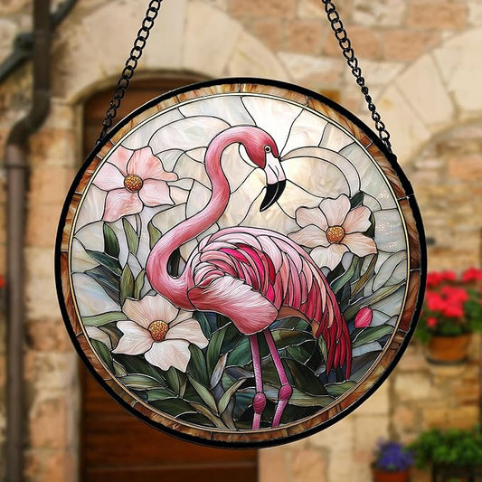 Stained Glass Window Hanging, Flamingo Flower Sun Catchers Diamond Glass Panel Hangings Pink Suncatcher Decor for Birthday for Women, Men, Wife, Aunt, and Mom 11.8x11.8 in