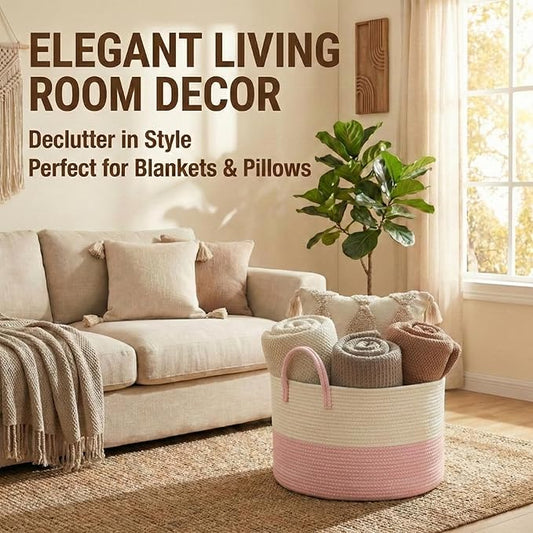 65L Extra Large Blanket Basket for Living Room - Woven Cotton Rope Laundry Hamper with Reinforced Handles - Storage Bin for Pillows, Comforters & Toys - Machine Washable,White&Pink