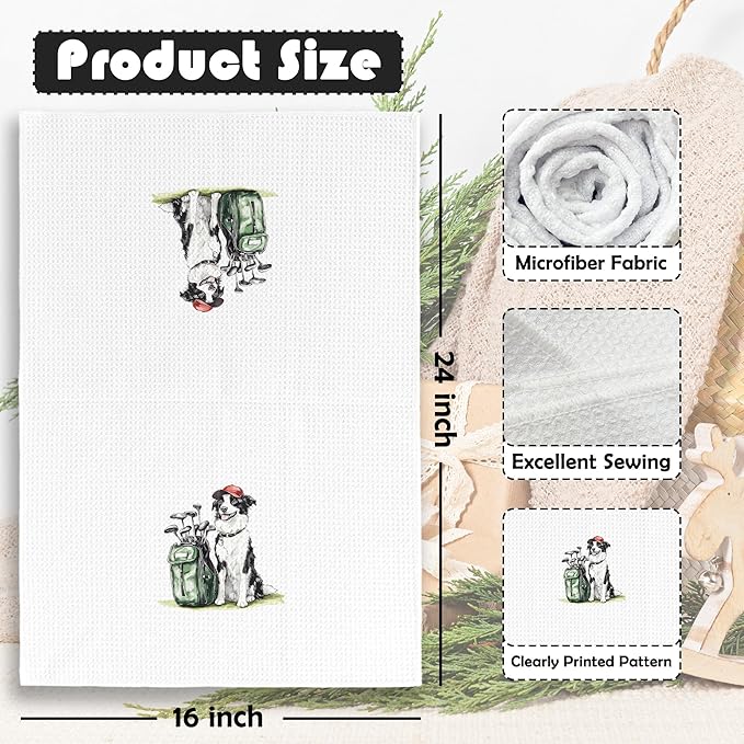 Golf Dog Kitchen Towels - Border Collie Dish Towels, Sports Gifts, Pet Golf Club Decorative Absorbent Dishcloths Hand Towels for Kitchen Gym Spa Decor 16x24 Inches