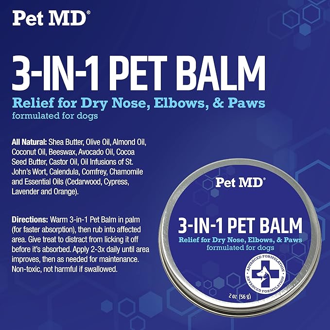 Pet MD Dog Paw Balm - 3-in-1 Paw, Nose/Snout, & Elbow Moisturizer & Paw Protectors for Dogs - 2 oz Paw Wax with Shea Butter, Coconut Oil, & Beeswax