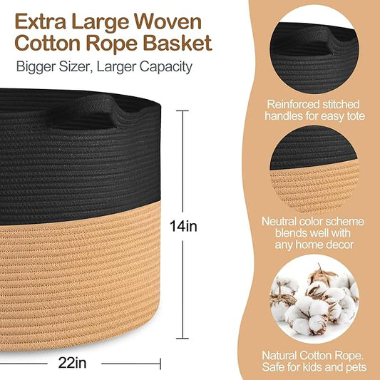 Extra Large Storage Basket, 22" X 14" Blanket Storage for Living Room, Decorative Kids Dog Toy Bin Box, Big Woven Cotton Rope Baskets for Organizing, Farmhouse Blanket Pillow Holder Organizer