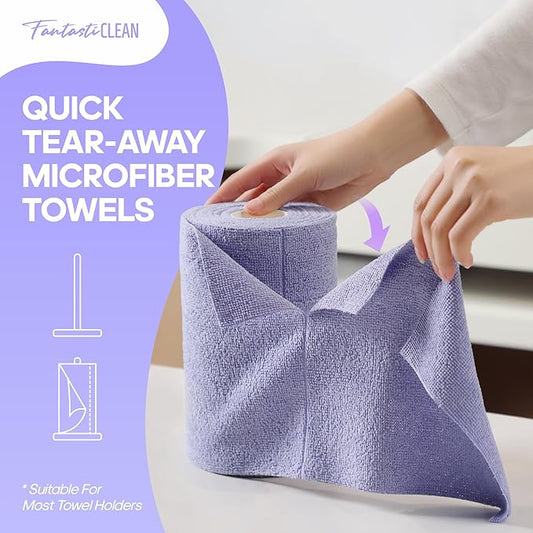 Fantasticlean Microfiber Cleaning Cloth Roll 2 Rolls 120 Pack, Tear Away Paperless Towels, 8" x 8", Reusable Washable Rags, House Kitchen, Pet, Office, Indoor Outdoor, Portable (Pink and Light-Purple)