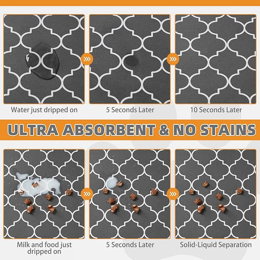 KOOLTAIL Dog Food Mat, Absorbent Pet Feeding Mat for Food and Water Bowls, Placement Pad for Floors with Waterproof Rubber Backing, Quick Dry Water Dispenser Mat for Dogs Puppy Cats, Grey, 16"x24"