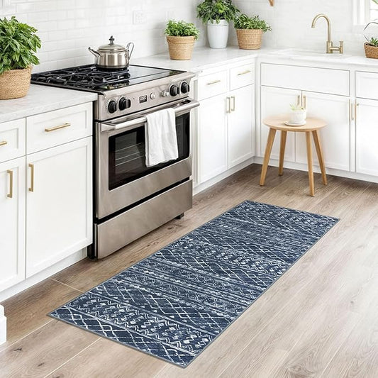 KUTA Boho Kitchen Rugs 2x5 ft Navy Blue Moroccan Washable Runner Rug Non-Slip Vintage Hallway Runners Ultra Soft Distressed Geometric Floor Carpet for Bedroom Laundry Living Room