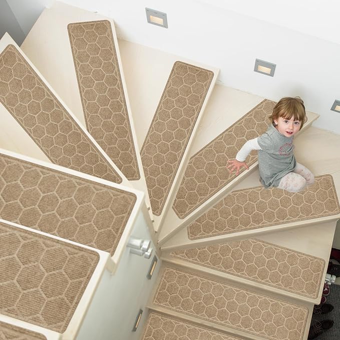 15 Pack 8 "X 30" Non-Slip Carpet Stair Treads for Indoor Wooden Steps, Made of Polyester and Reusable Adhesive, Suitable for Kids Elders and Pets(Beige Hexagon)