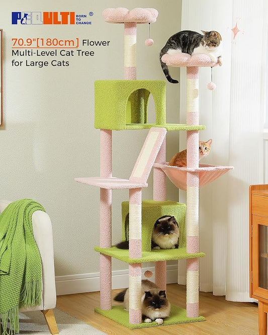 PEQULTI 71'' Cat Tree for Indoor Cats with Big Hammock, Tall Cat Tower for Large Cats with 2 Cat Condo, 2 Soft Top Perch, Scratching Posts and Pad, Pink