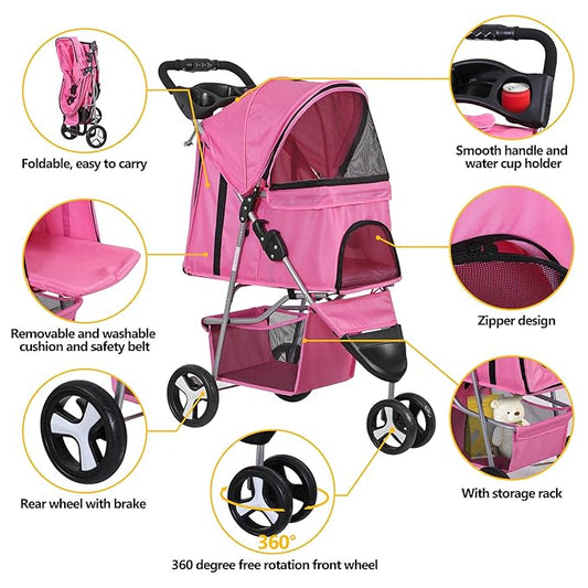 3 Wheels Dog Stroller Folding Pet Strolling Cart for Small Medium Cats Puppies Portable Jogger Travel Camping Puppy Carrier with Storage Basket Cup Holder, Pink