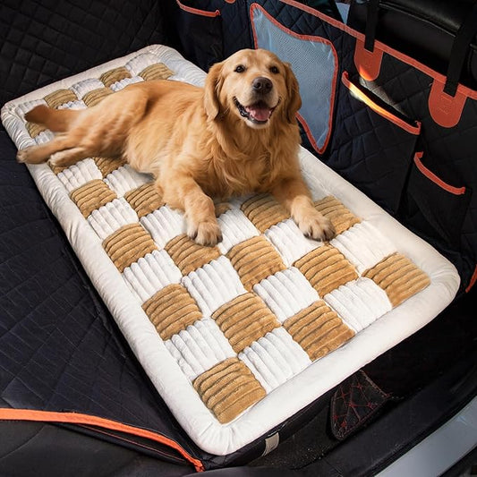 Soulbond Dog Bed for Car Back Seat Soft Plush Backseat Pet Bed Mat Non-Slip Travel Pet Mat, Fuzzy Plaid Dog Seat Cover, Fit for Backseat Extenders and Trucks SUVs (Brown and White, 54" x 24.8")