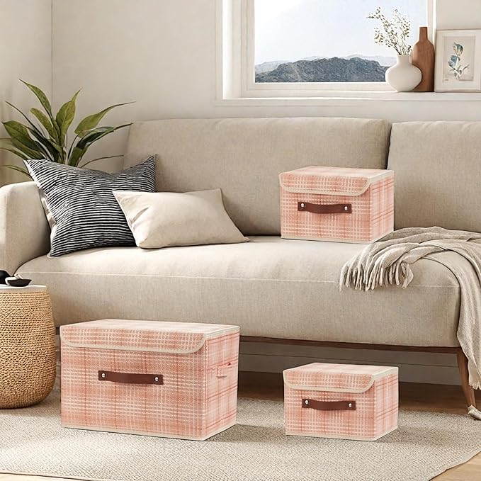 Storage Boxes with Lid 3D Textured Fabric Storage Bins Closet Organizer Containers Decorative Collapsible Washable Shelf Baskets with Faux Leather Handles (Light Salmon, Large Size)