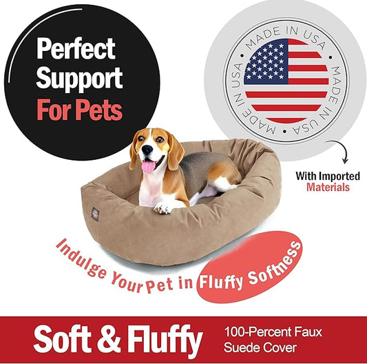 Majestic Pet Suede Shredded Memory Foam Mix Calming Dog Bed Washable - Cozy Soft Round Dog Bed with Spine for Head Support - Fluffy Donut Dog Bed, 32 Inch, Stone