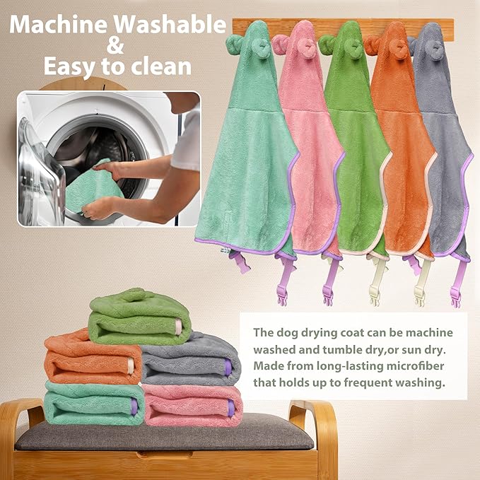 Dog Bathrobe Super Absorbent Towel Robe - Microfiber Bath Towels Fast Drying Coat for Dogs, Cute Dogs Clothes Adjustable Collar & Belly Strap Warm Keeping Hooded Dog Towel (Pink, Medium)