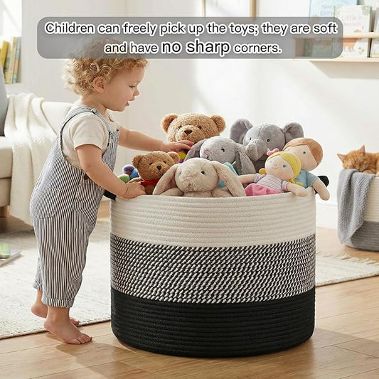 40L Large Cotton Rope Basket, Decorative Woven Blanket Storage for Living Room, Boho Toy Storage & Toy Box for Kids, Versatile Laundry Basket & Nursery Hamper for Blankets(Black)