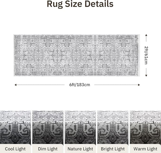 2x6 Hallway Washable Runner Rug - Soft Non Slip Vintage Rugs for Entryway Low-Pile Farmhouse Neutral Kitchen Runners Living Room Floor Mat Stain Resistant Distressed Carpet for Bedroom Bathroom Grey