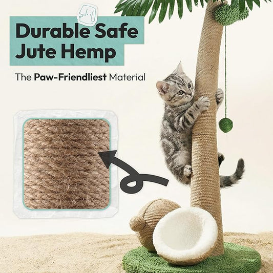 33" Tall Cat Scratching Post, Natural Jute Cat Scratcher for Indoor Cats,Twin Coconuts & Tree Design with Hanging Toy Ball & Rest Platform,Stable Furniture Protector for Kittens & Adult Cats,M