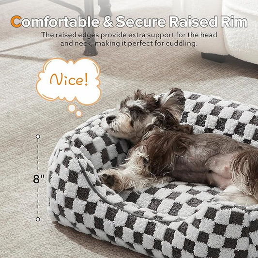 JOEJOY Dog Bed for Medium Small Dogs - Rectangle Orthopedic Dog Sofa Bed, Cute Modern Puppy Bed with Jacquard Shaggy Plush & Anti Slip Bottom, 25x21x8inches, Grey