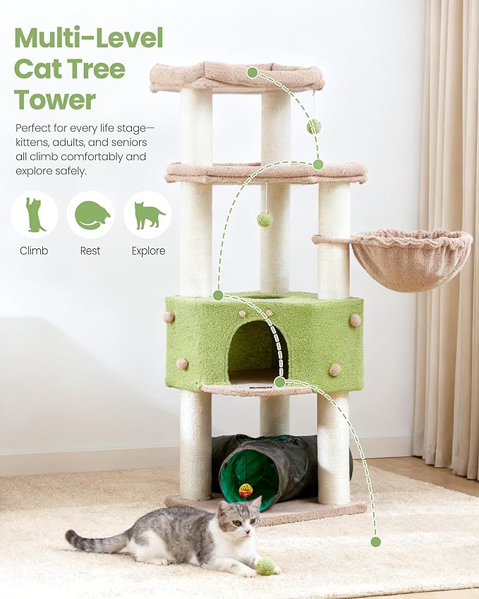 Cat Tree Tower for Large Cats Adult - 60 Inch XXL Sturdy Heavy Duty Extra Wide Scratching Posts (φ4.4in) Condo - Indoor Big Cat House Hammock Perch - XL Wood Multi Level Feline Pet Bed Trees Houses